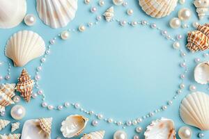 top view border frame of various sea shells and pearls on light blue background with copy space photo