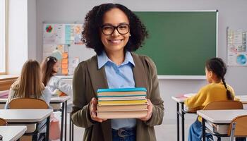 Teacher's Pride. Happy Educator Holds Books in Classroom photo