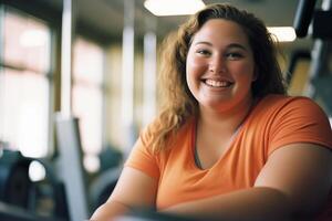 Portrait of a Smiling Curvy Young Woman Exercising on a Treadmill in a Gym photo