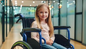 Heartwarming Image of a Young Child Sitting Comfortably and Happily in a Wheelchair, Embodying Resilience, Strength, and the Beauty of Diversity and Inclusion in Society photo