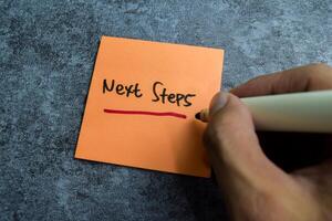 Concept of Next Steps write on sticky notes isolated on Wooden Table. photo