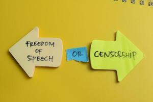 Concept of Freedom of Speech or Censorship write on sticky notes isolated on Wooden Table. photo