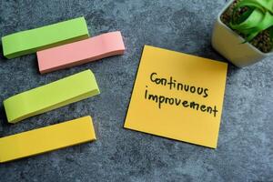 Concept of Continuous Improvement write on sticky notes isolated on Wooden Table. photo