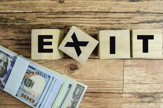 Concept of The wooden Cubes with the word Exit and stacks with dollar on wooden background. photo