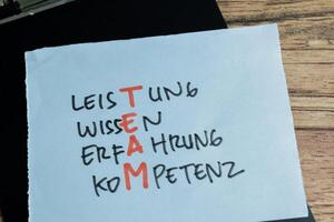 Concept of Learning language - German. Leistung, Wissen, Erfahrung, Kompetenz it means Performance, knowledge, experience, competence written on sticky notes. German language isolated on Wooden Table photo