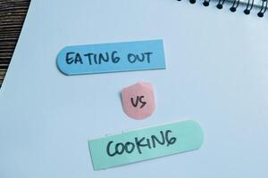 Concept of Eating out vs Cooking write on sticky notes isolated on Wooden Table. photo