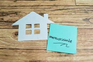 Concept of Learning language - German. Mietruck stande it means rental pressure written on sticky notes. German language isolated on Wooden Table. photo