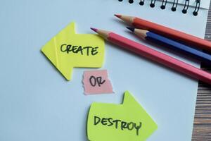 Concept of Create or Destroy write on sticky notes isolated on Wooden Table. photo