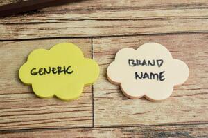 Concept of Generic or Brand Name write on sticky notes isolated on Wooden Table. photo