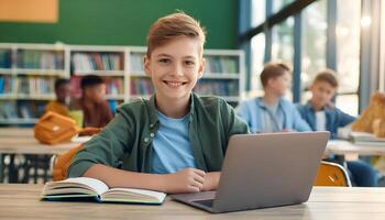 Embracing Learning. Portrait of a Happy Student Boy Positively Posing for the Camera, Seated at His Desk with Laptop and Textbook, Immersed in the Rich Experience of Education and Growth photo