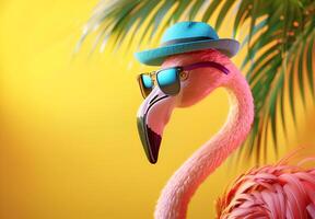 Stylish Flamingo. Pink Flamingo with Sunglasses and Hat Under Palm Leaf, Vibrant Yellow Background photo