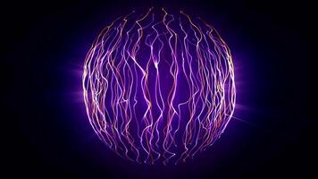 Seamless loop animation of abstract energy sphere field with purple and yellow flame lines. Wavy plasma orb background for science, digital technology, festival and music performance. Looped, 4k 60fps video