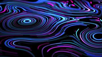 Bright pink and blue neon lines moving on liquid pattern with round elements and glowing stripes on a dark background. Psychedelic animation for events, yoga and music festival visualization, 4k 30fps video