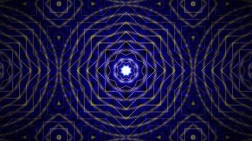 Psychedelic kaleidoscope in a shape of morphing mandala or yantra with glowing golden lines on a dark blue background. Looped animation for yoga event, music festival and vj performance. Loop 4k,60fps video