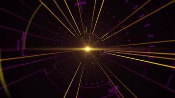 Seamless looped flying through technology tunnel with glowing purple and yellow drawings and bright light in the end. VJ loop background with round corridor made of science fiction blueprints 4K 60fps video