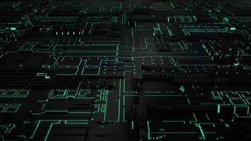 Abstract 3D background with computer board and glowing green circuits with moving electric impulse signals. Abstract animation for modern information technologies and artificial intelligence. 4K 60fps video