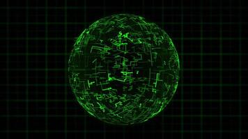 Green digital sphere made of glowing neon lines with technological grid on background. Internet security, big data flow, computer engineering, new technology and science fiction screensaver. 4K 60 fps video