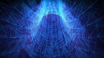 Looped background with flying through transparent blue tunnel made of hi tech glowing lines with soft shine and glow effect. Digital screensaver for computer science and music show. VJ loop, 4k, 60fps video