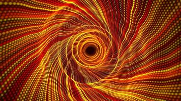 Hypnotizing abstract tunnel with colourful swirl pattern and yellow glow effect. Psychedelic wormhole made of hot glowing waves and round particles. Bright background for art performance. 4K , 60 fps video