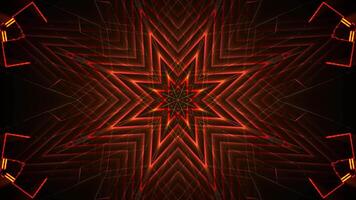 Fire mandala with glowing neon elements on a dark background. VJ loop animation of psychedelic trance pattern in a shape of morphing star flower. Bright music visualization. Seamless looped, 4K 60 fps video