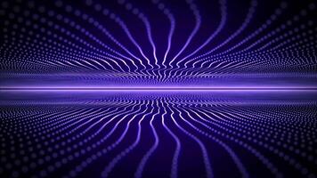 Moving through resonating purple blue wavy field of glowing curve lines. Abstract waveform background, magic energy flow, digital engineering, computer technology and science visualization. 4K 60 fps video