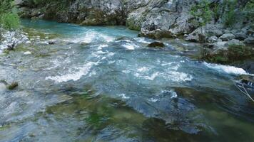 Drone captures clear rapids river flowing through rocks. Aerial view reveals dynamics of clear rapids river. Footage explores secluded clear rapids river terrain video