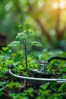 Eco-sustainable medical expo with booths on innovative, environmentally friendly medical breakthroughs and green tech in healthcare photo