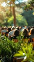 An outdoor medical conference setting with a focus on eco-sustainability, speakers presenting recent green breakthroughs in medicine photo
