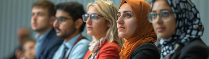 Cultural diplomacy event discussing international relations in health, with delegates from diverse backgrounds sharing insights photo
