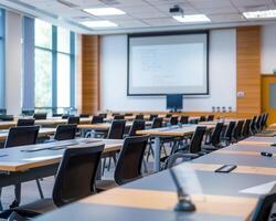 A seminar room with adaptive learning devices on each table, enhancing cognitive skills for professional advancement photo