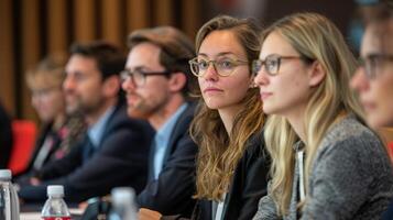 conference on corporate ethics, featuring speakers from various industries discussing governance and transparency in business photo