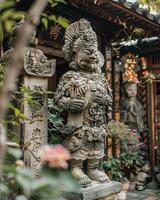 Sculpture of a guardian deity in Harajuku fashion, standing at the entrance of a kitsch-decorated temple photo