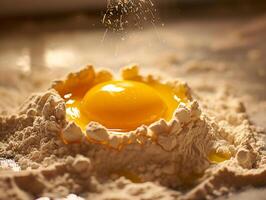 A golden yolk mixture sitting atop a bed of flour, with the microwave oven humming in the background, ready to bake a quick treat photo