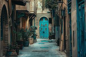 The narrow alley's monotone colors blend with mixed patterns, creating a subdued mosaic photo