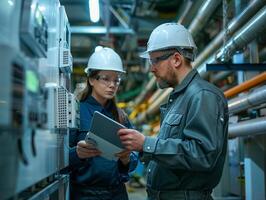 Technicians monitoring energy storage units in a production plant, implementing lepractices to boost efficiency photo