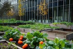 Urban farming initiative on a corporate campus, featuring telepresence technology for remote gardening advice and workshops photo