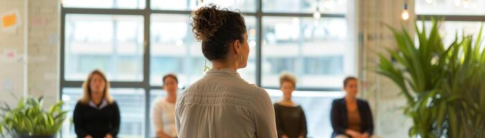 Health coach leading a corporate wellness workshop, employees learning about stress management and healthy habits photo