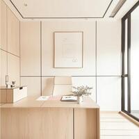 Compact office space designed with minimalist aesthetics, featuring a neutral color palette, streamlined furniture, and clutter-free surfaces photo