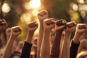 A powerful image of multiple hands raised in solidarity fists, symbolizing a coalition united against a backdrop of ongoing conflict photo