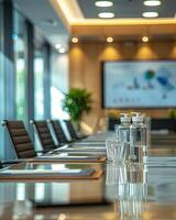 High-tech conference room with a focus on medical sustainability, presentations on groundbreaking eco-friendly medical practices photo