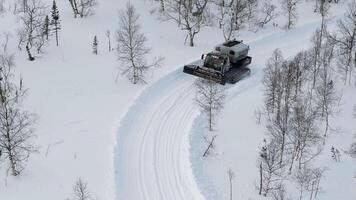Priiskovy, Russia - January 05, 2024. In frosty expanse snowcat prepares ski slopes Snowcat key to smooth skiing experience. Snowcat symbol of efficient snow grooming at resorts video