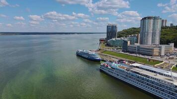 Relax and enjoy the stunning view of a riverfront with cruise ships and modern architecture video
