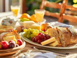A breakfast table set with warm bread, soft dairy butter, slices of cheese, and a colorful assortment of fruits, a packet of yeast visible photo