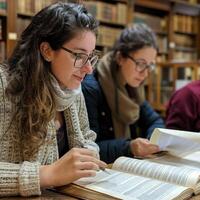 Philology conference in a Byzantine library, volunteers reading ancient texts about Ice Age survival strategies photo