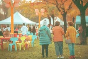 Aging demographics enjoying outdoor senior services event, customer interaction, sunny park setting photo