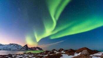 A mountain with a green aurora is in the background. There are two small houses in the foreground photo