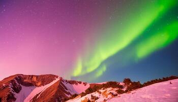 The sky is filled with a beautiful display of green auroras. The mountains in the background add to the serene and peaceful atmosphere photo