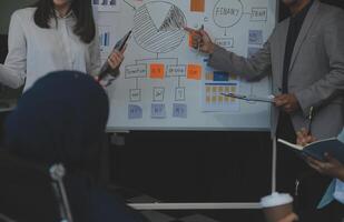 Financial analysts analyze business financial reports on a digital tablet planning investment project during a discussion at a meeting of corporate showing the results of their successful teamwork. photo