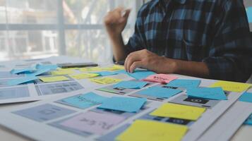 ux Graphic designer creative sketch planning application process development prototype wireframe for web mobile phone . User experience concept. photo