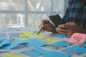 ux Graphic designer creative sketch planning application process development prototype wireframe for web mobile phone . User experience concept. photo